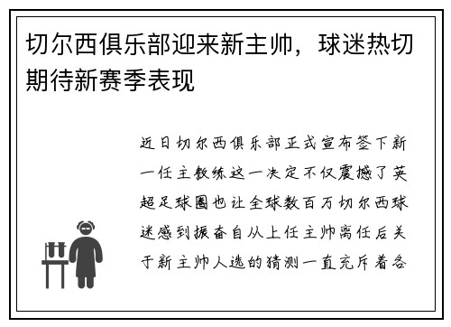 切尔西俱乐部迎来新主帅，球迷热切期待新赛季表现