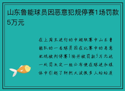 山东鲁能球员因恶意犯规停赛1场罚款5万元