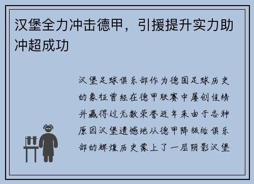 汉堡全力冲击德甲，引援提升实力助冲超成功
