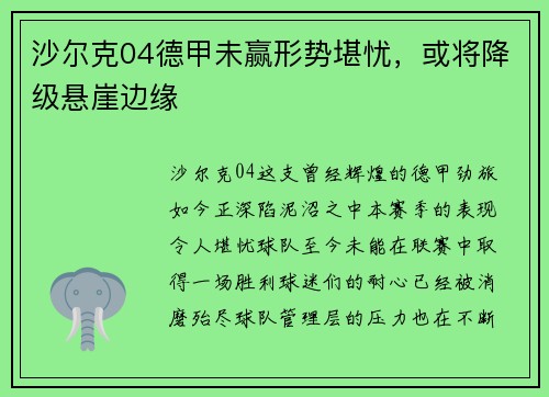 沙尔克04德甲未赢形势堪忧，或将降级悬崖边缘
