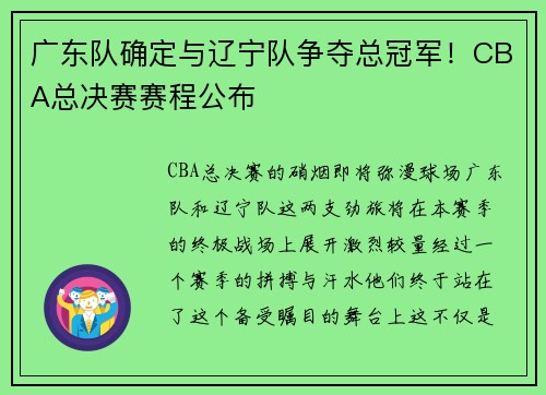 广东队确定与辽宁队争夺总冠军！CBA总决赛赛程公布