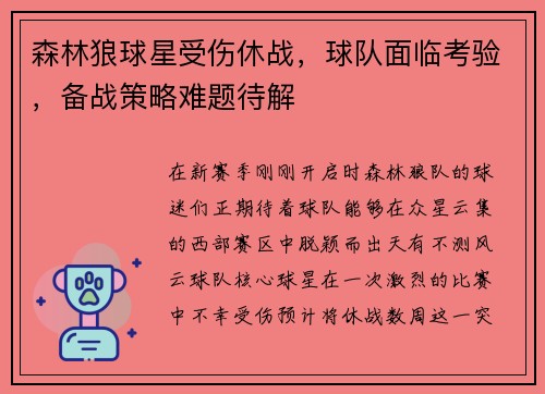 森林狼球星受伤休战，球队面临考验，备战策略难题待解